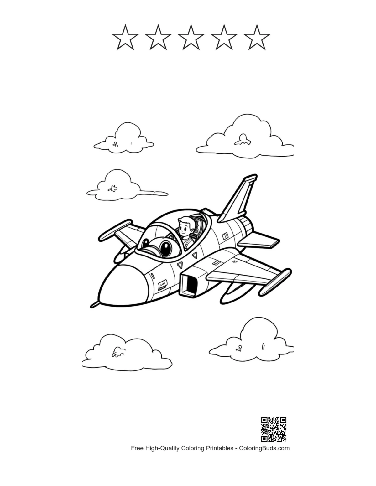 Smiling jet plane coloring page with 5 star outlines