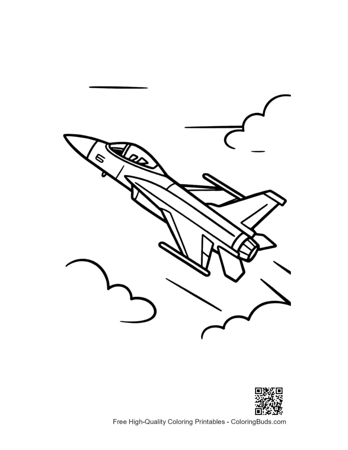 Twin-engine fighter jet in mid-air coloring page