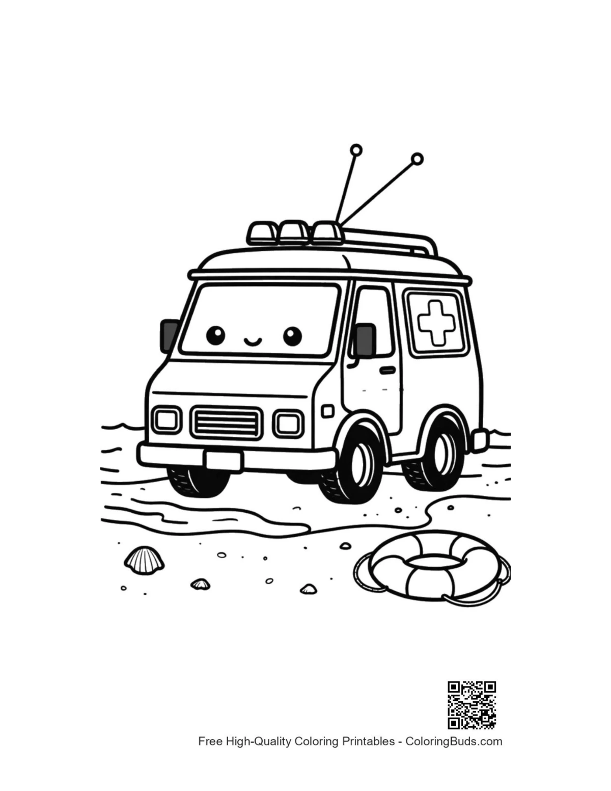 Adorable toy rescue van ocean shore coloring page
