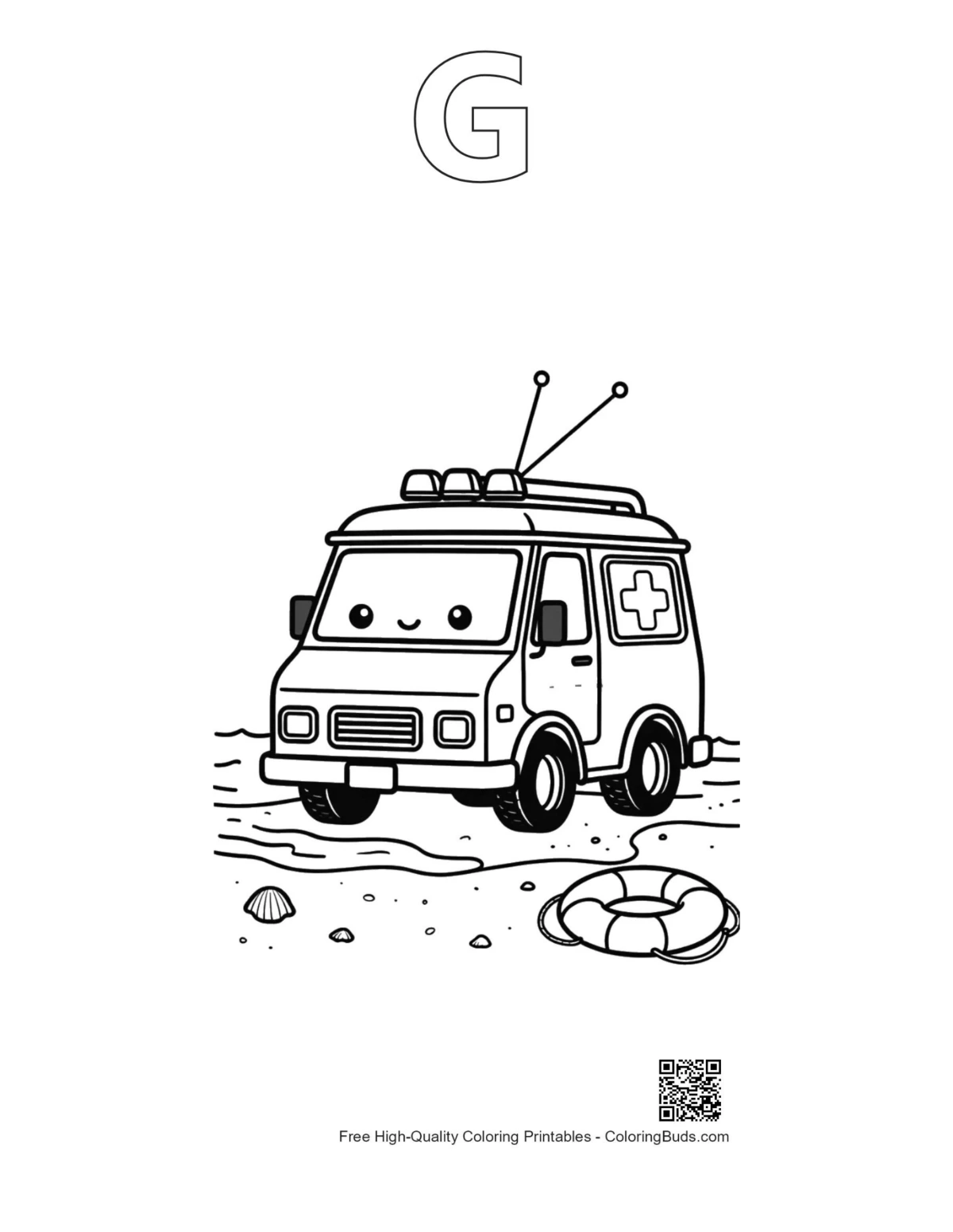 Toy rescue van ocean shore outline with alphabet G