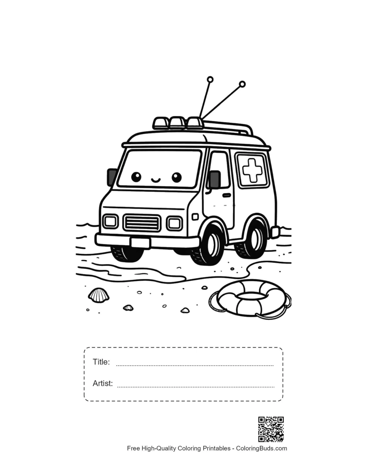 Rescue van printable with title artist box beach scene