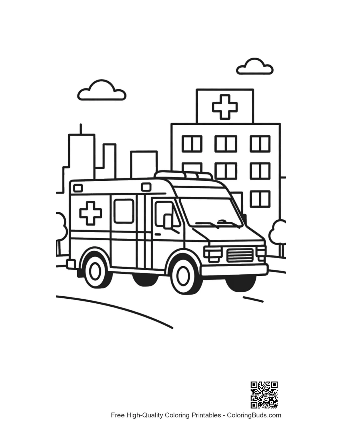 Ambulance rescue van arriving at medical center coloring page