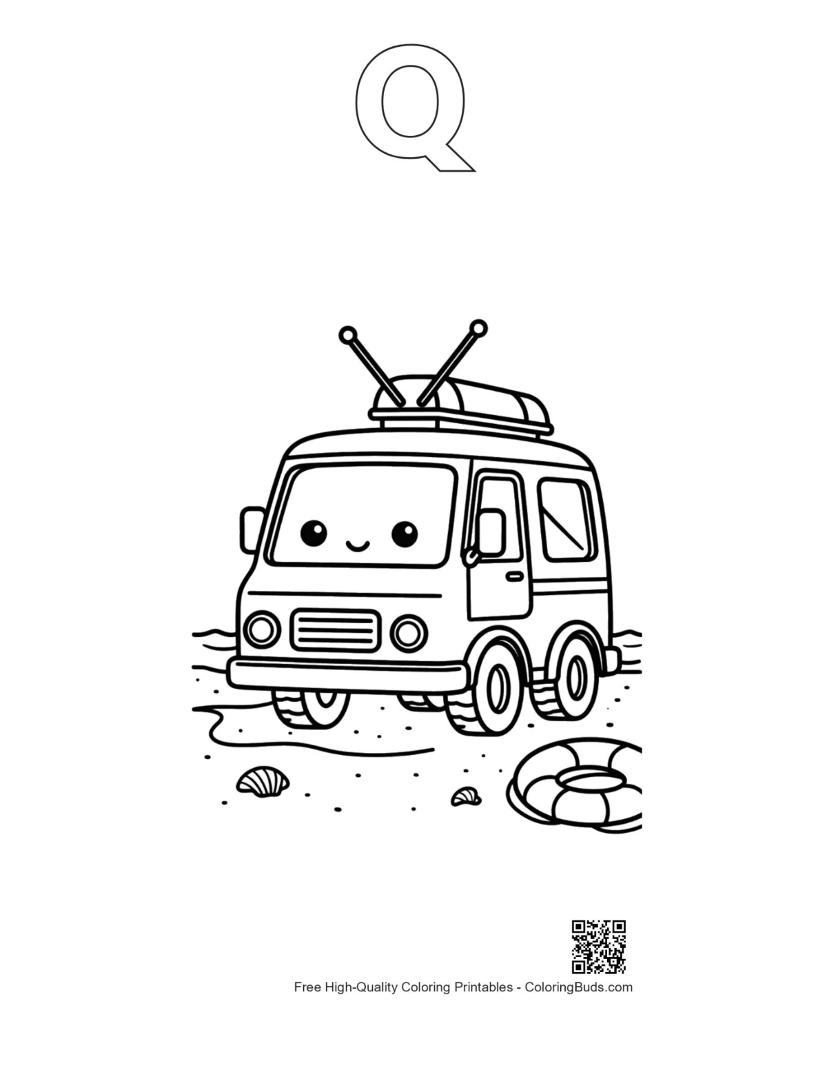 Cute rescue van outline alphabet Q coloring printable