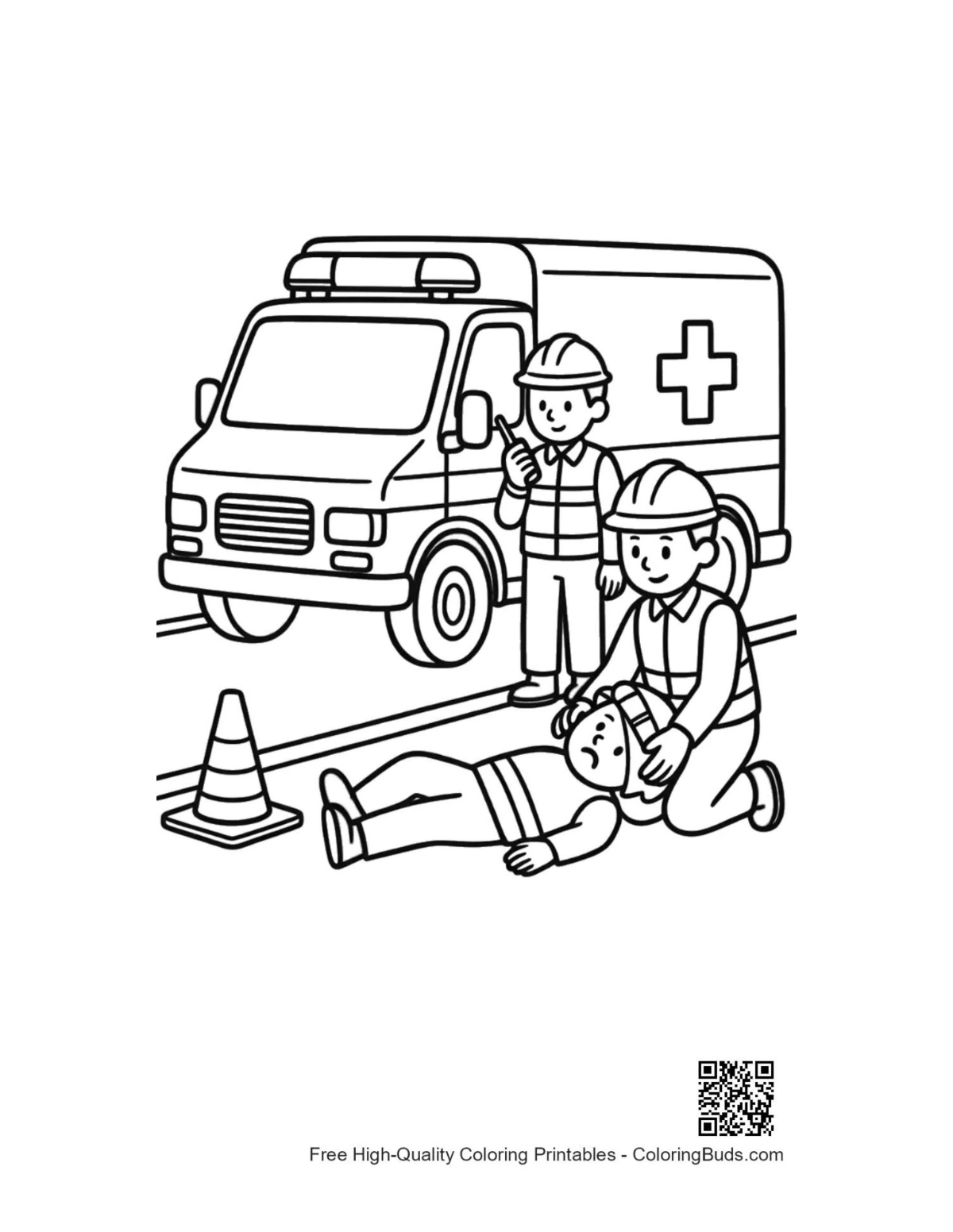 Rescue Van coloring page with first responders aiding
