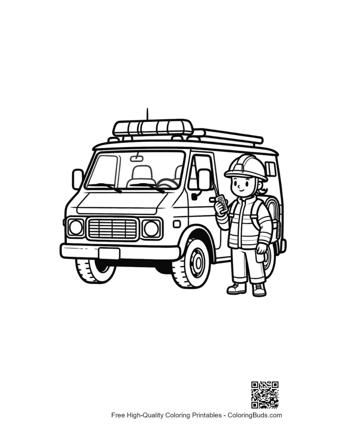 Heroic rescue worker and medical van coloring printable