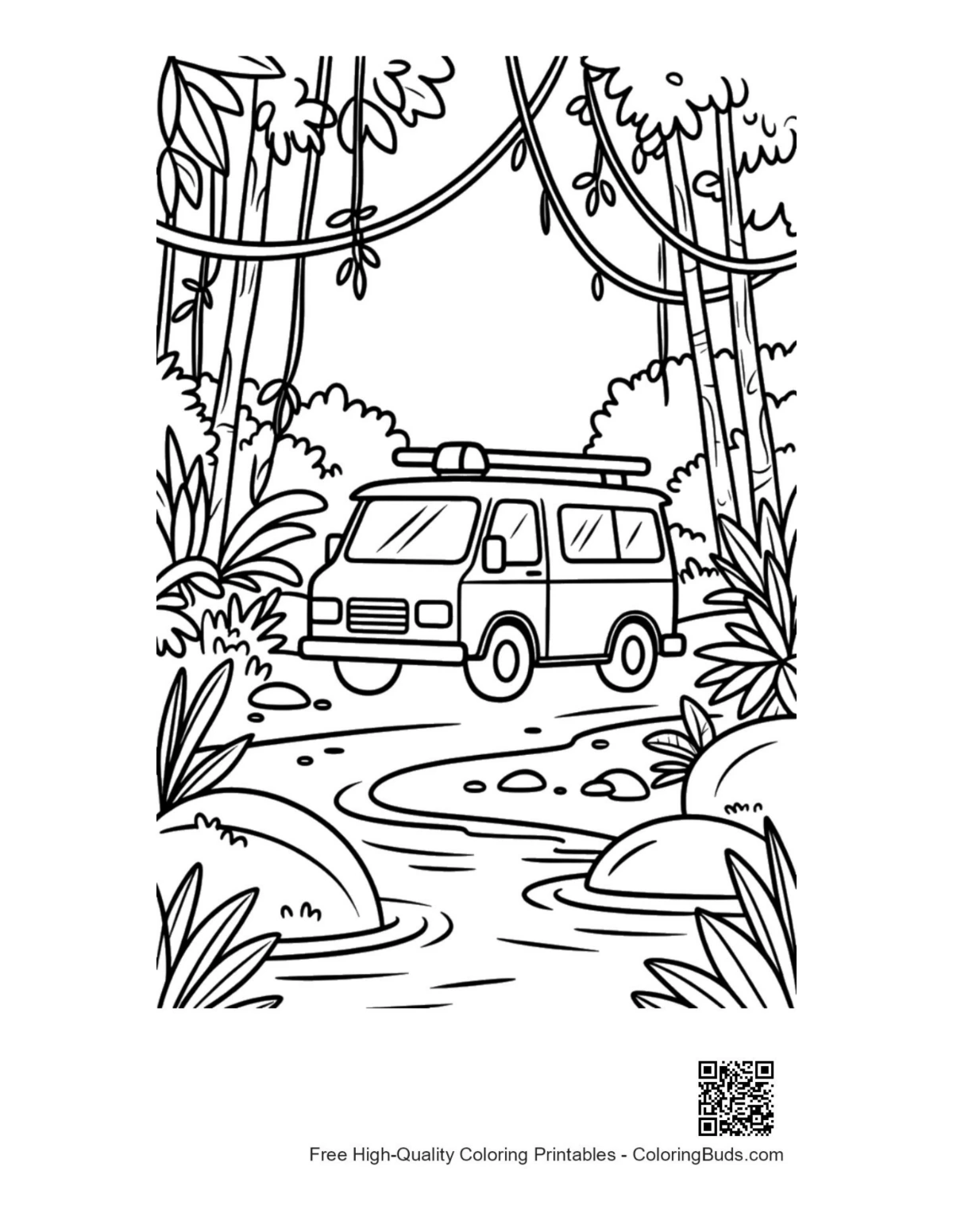 Off-road rescue van in deep tropical wild coloring page