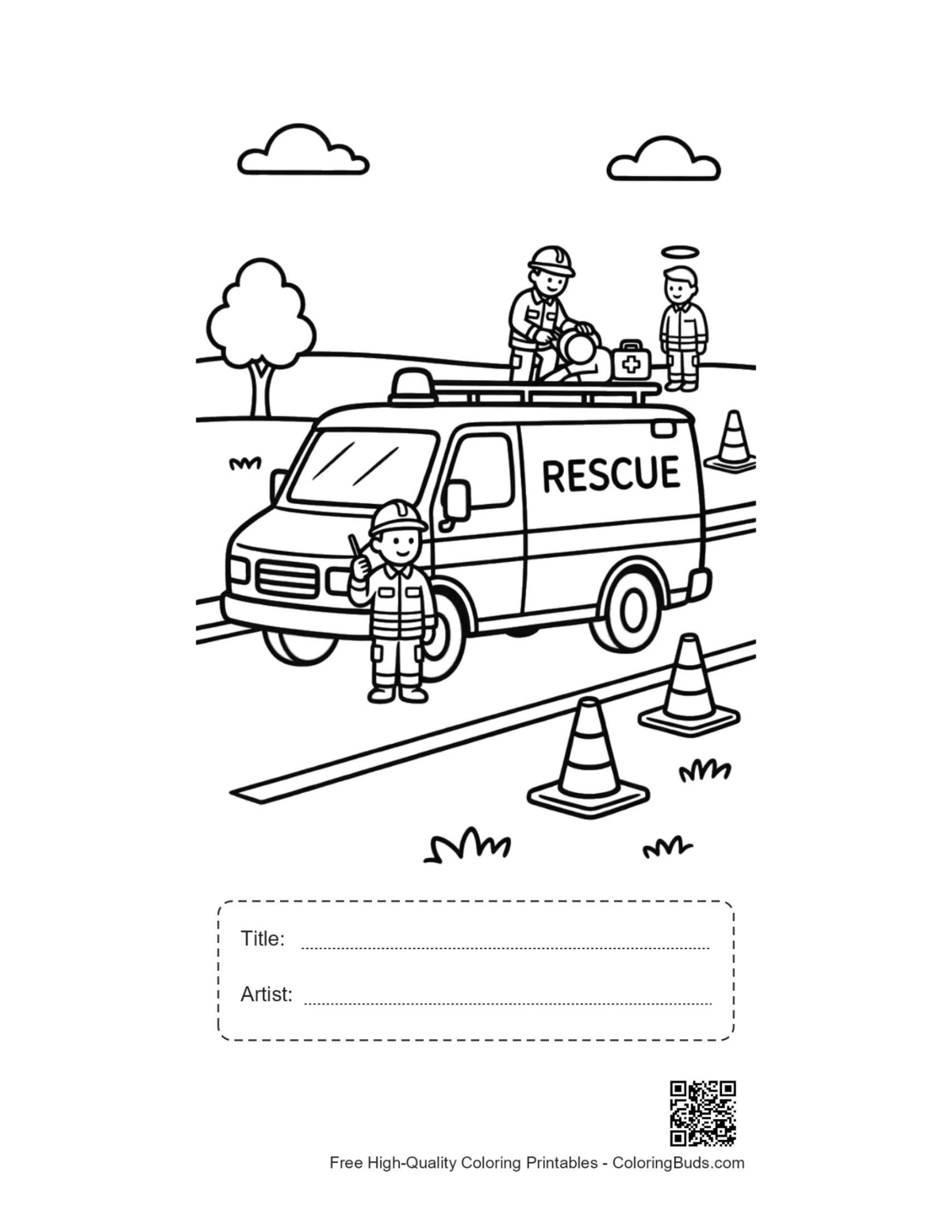 Rescue van evacuation printable with title artist box coloring