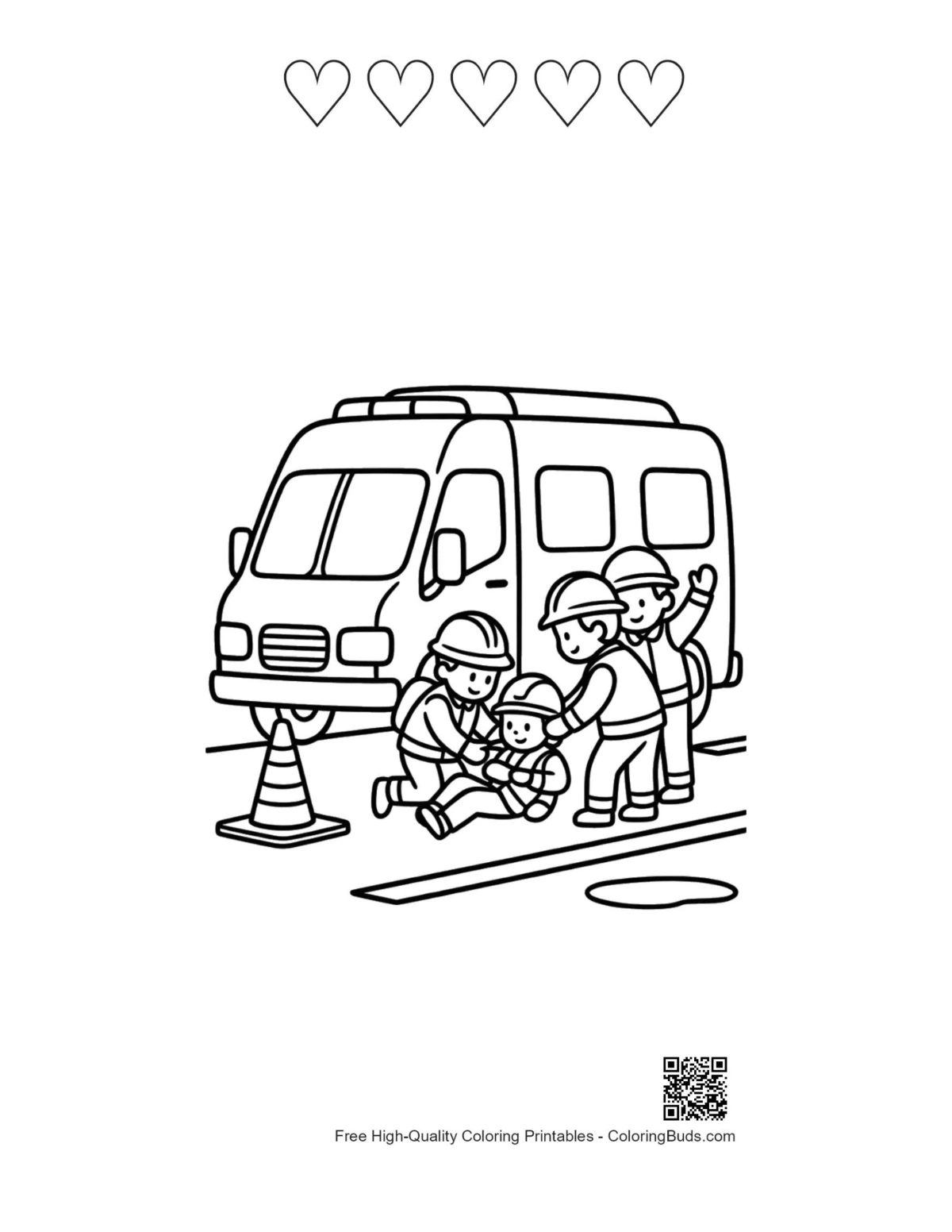 Rescue Van coloring page with 5 heart outlines
