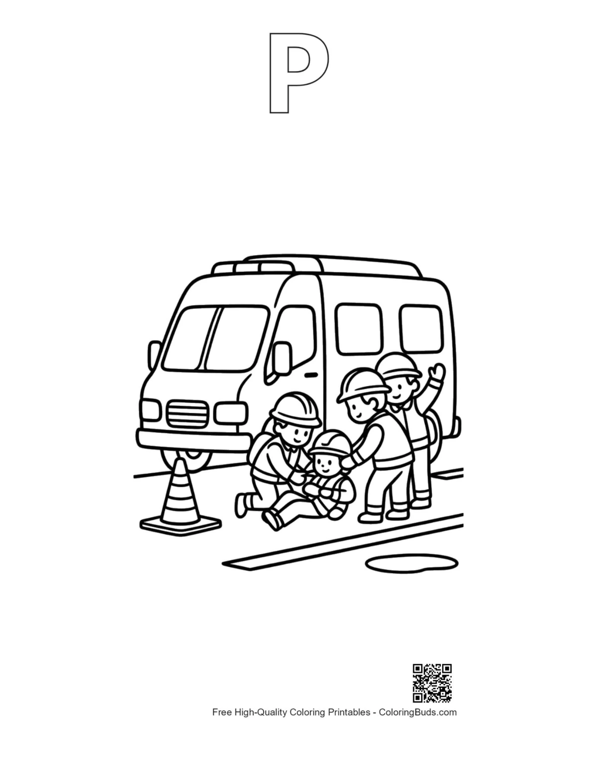 Rescue Van coloring page with alphabet P outline