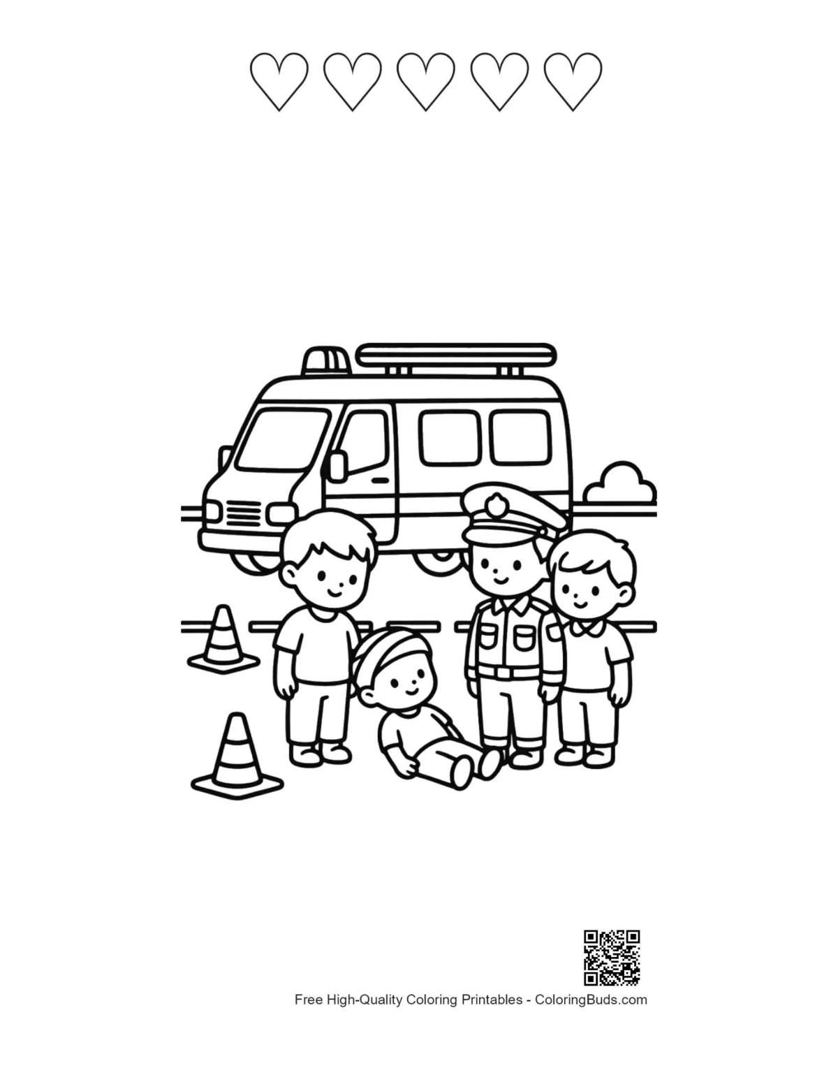 Rescue scene child ambulance 5 heart outlines printable page