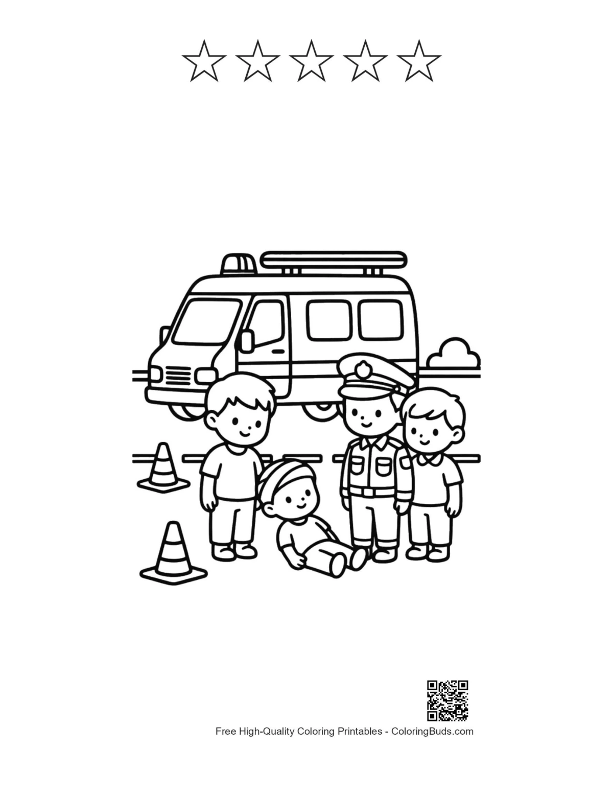 Rescue van scene with 5 star outlines workers child printable