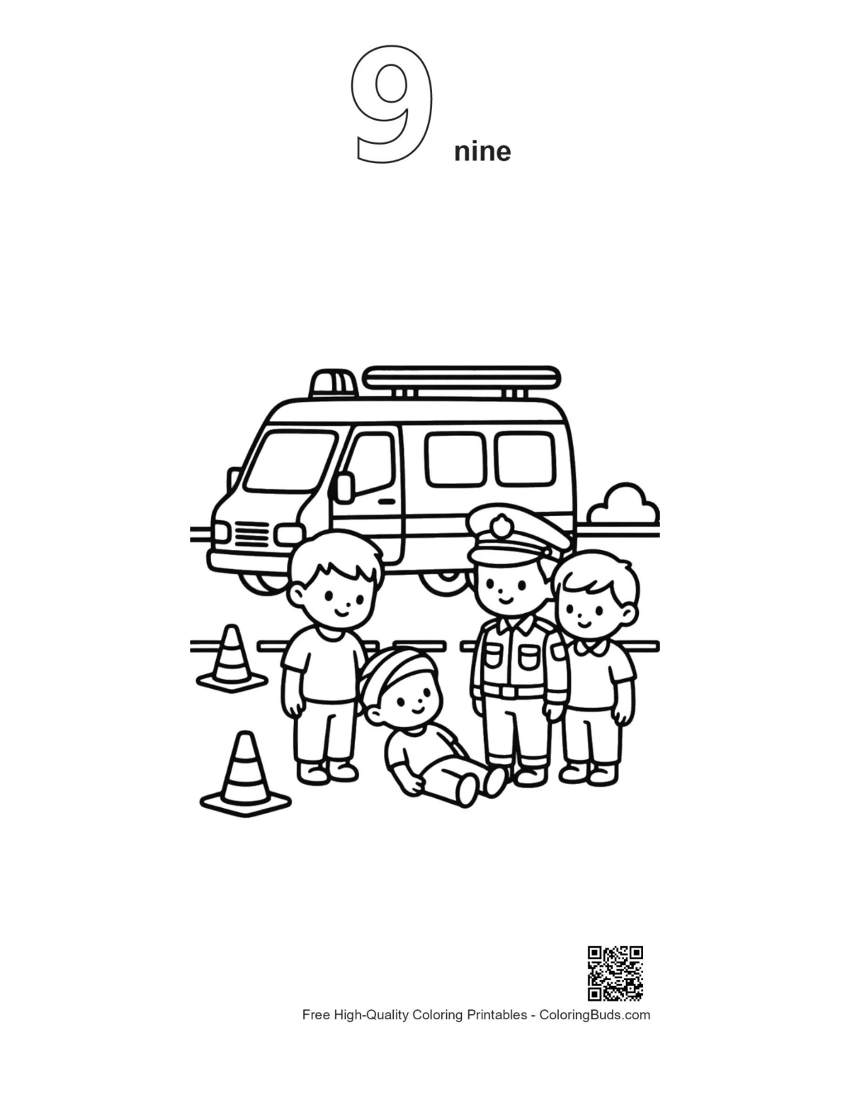 Rescue workers child ambulance van outline number 9 coloring page