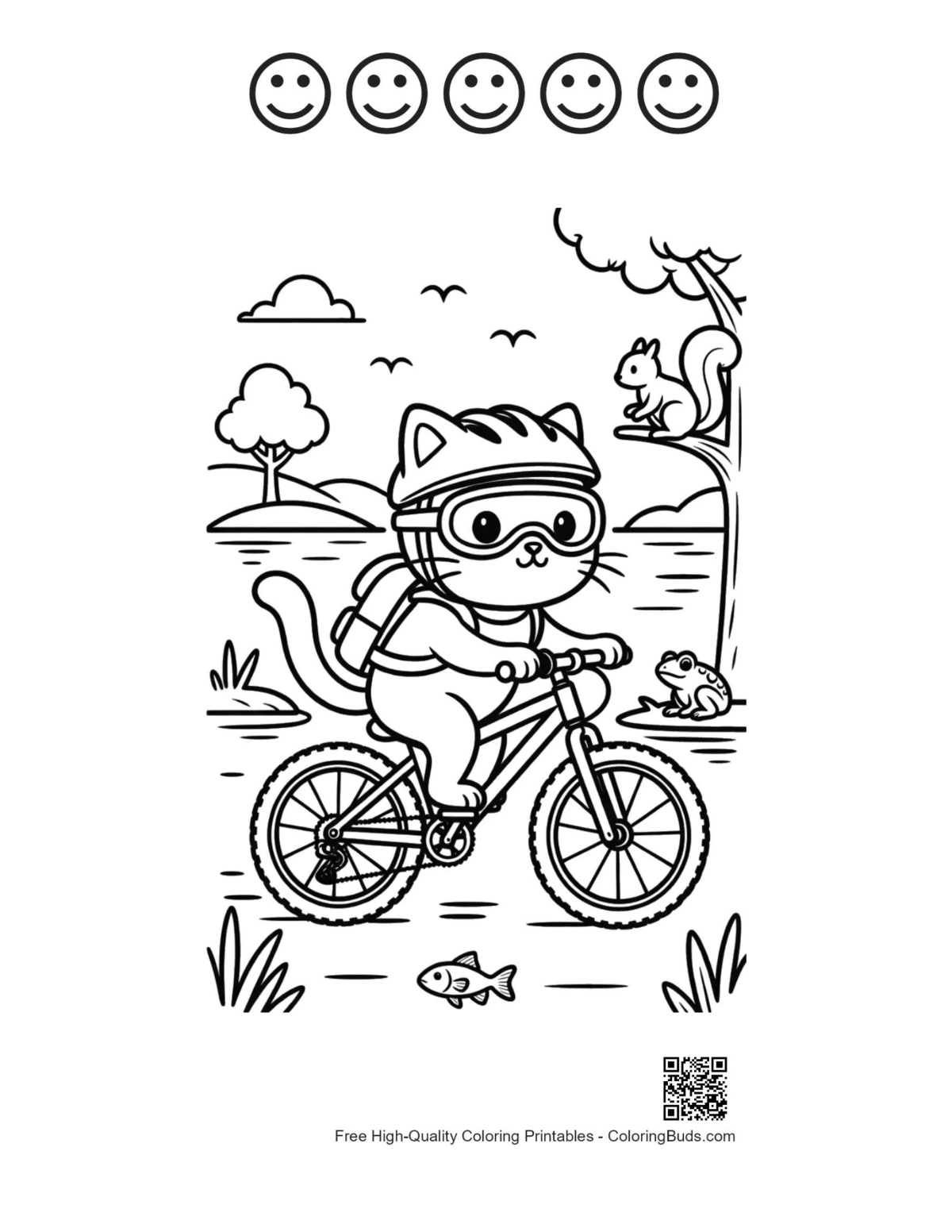 Kitten biking with 5 happy faces outline