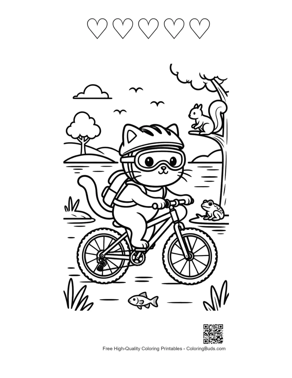 Mountain bike kitten with 5 heart outlines