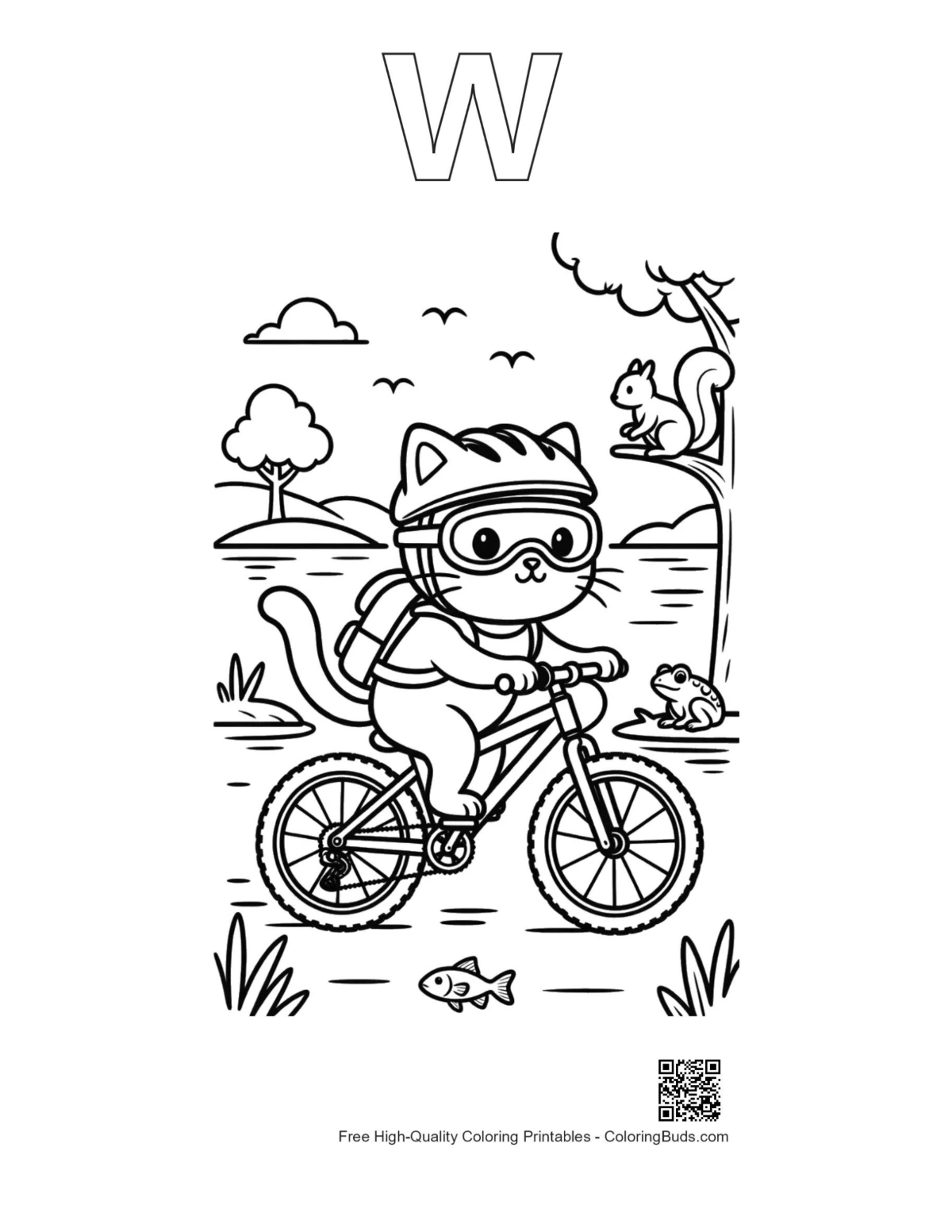 Kitten bike outline with alphabet W printable