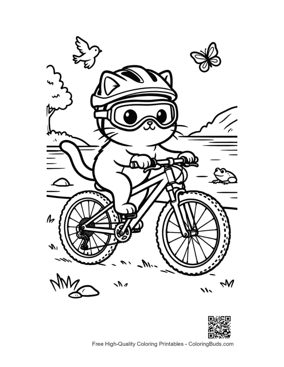 Cartoon cat mountain biking adventure coloring page