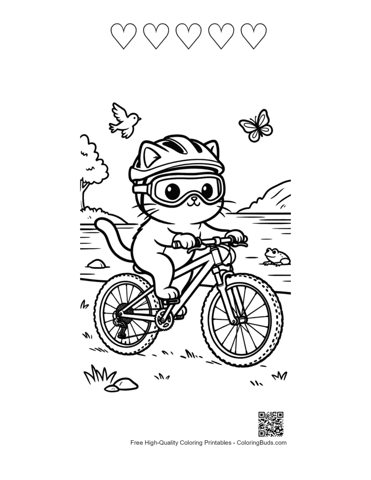 Mountain bike cat with heart outlines printable