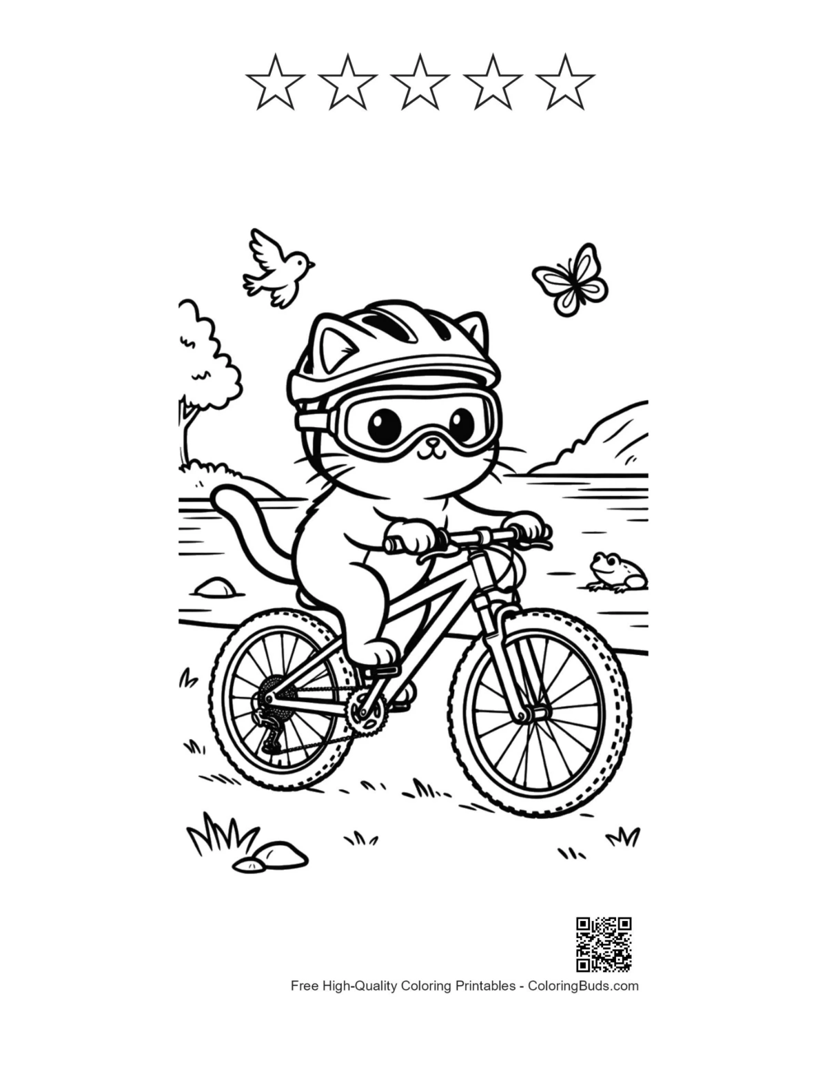 Cat biking printable with star outlines