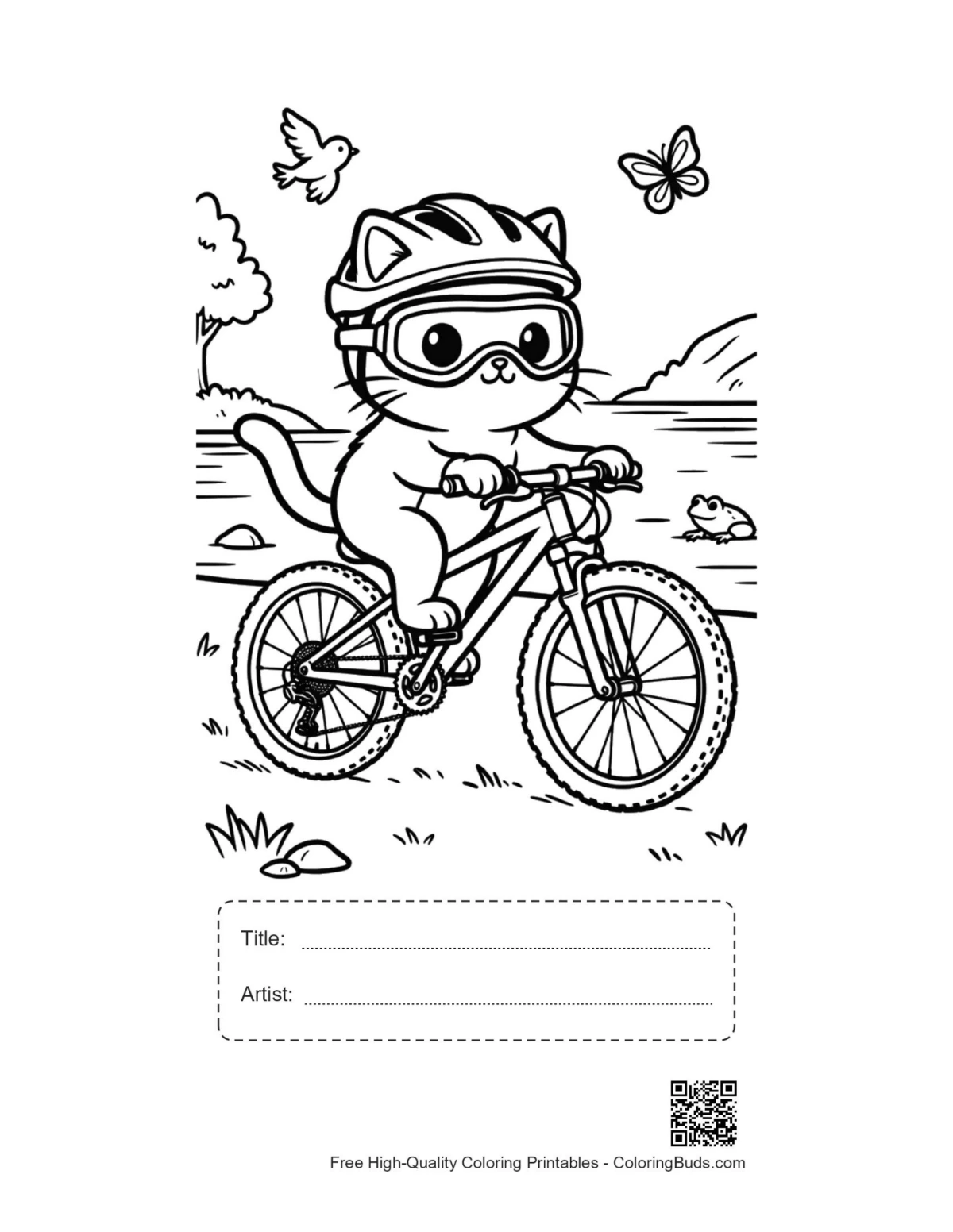 Cartoon cat biking printable with title box
