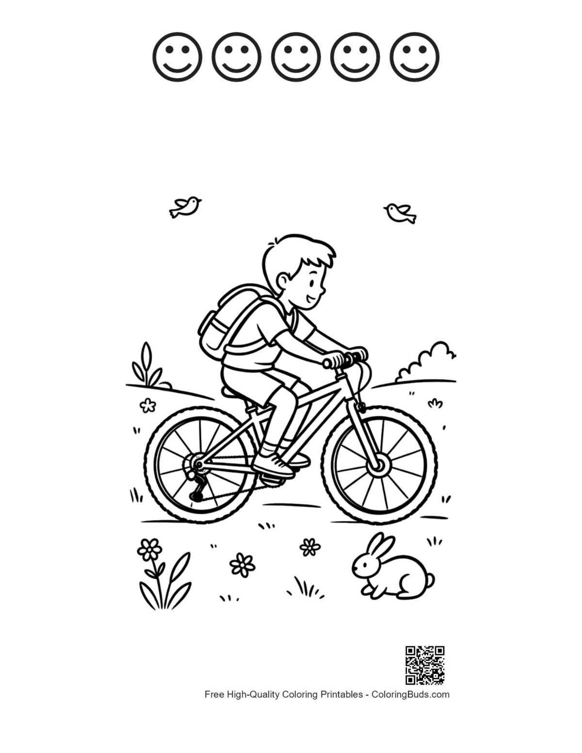 Mountain bike coloring with happy faces and child rider