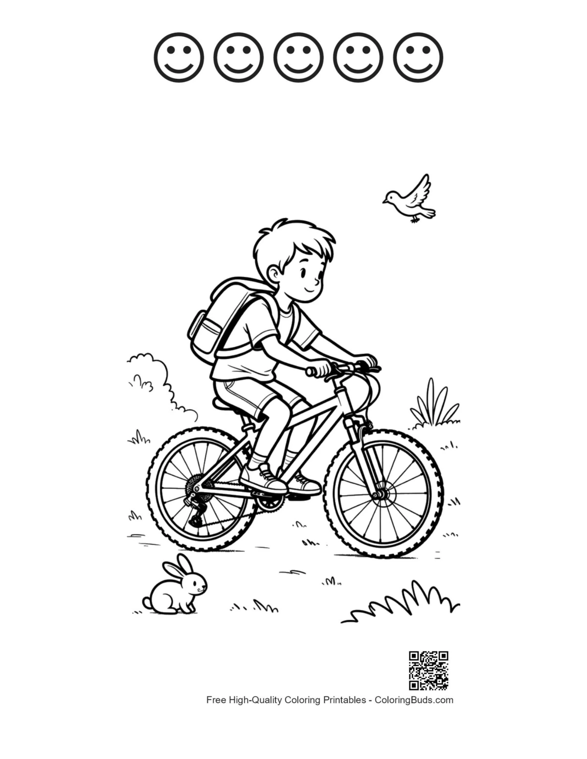Cute mountain bike sheet with 5 happy faces