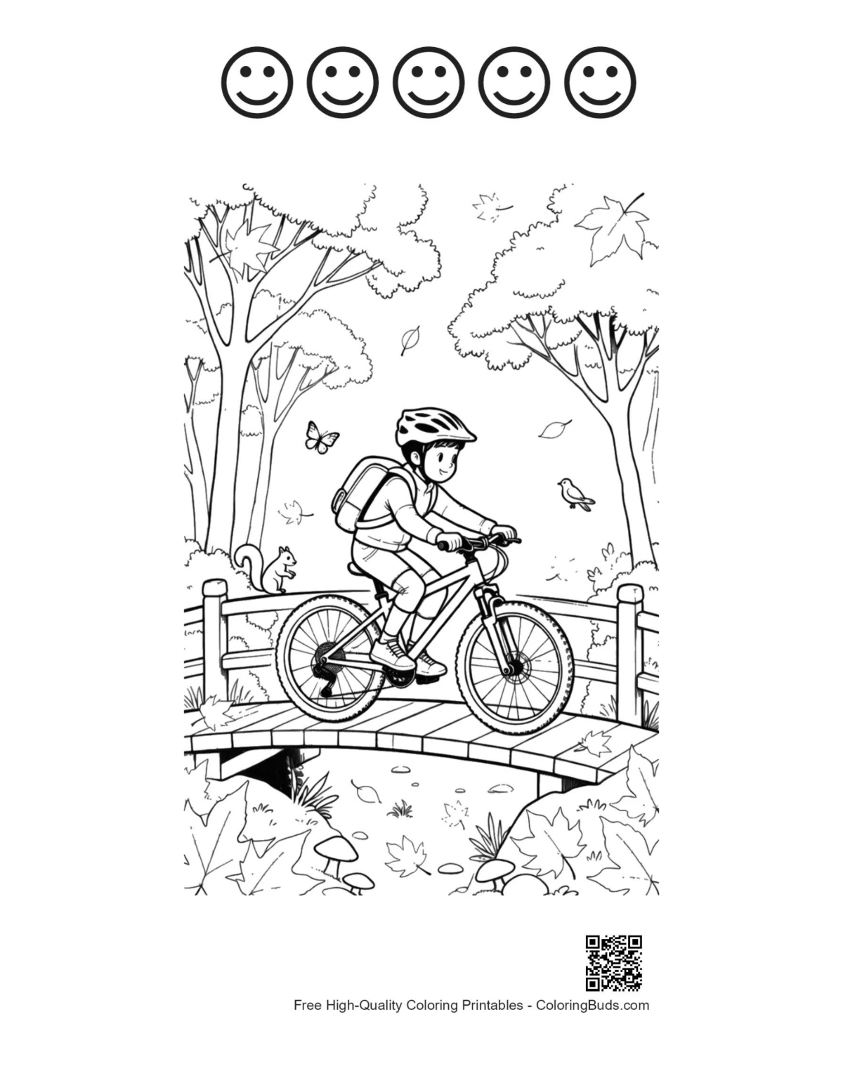 Mountain bike coloring printable with 5 happy faces