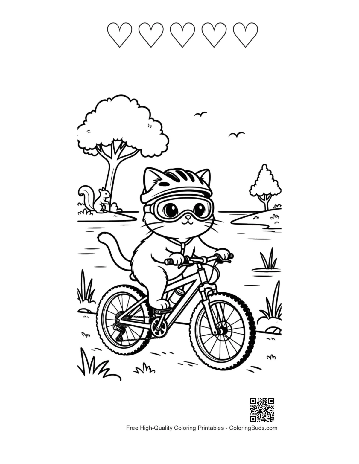 Easy mountain bike printable with 5 heart outlines