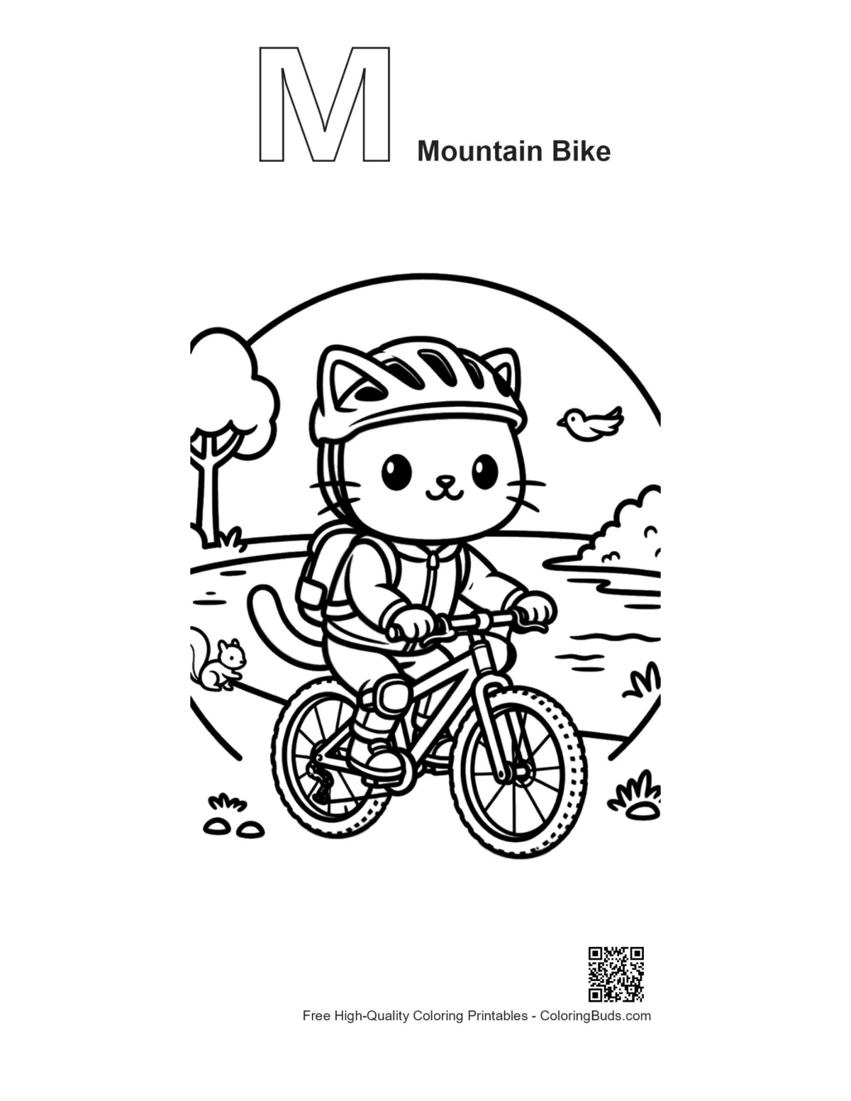 Alphabet M mountain bike outline coloring page printable