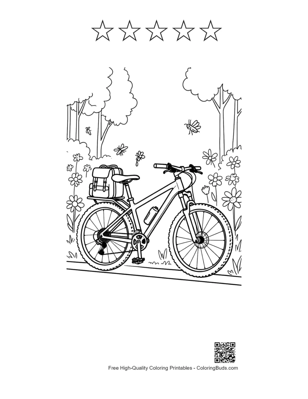 Mountain bike woods printable with 5 star outlines coloring page