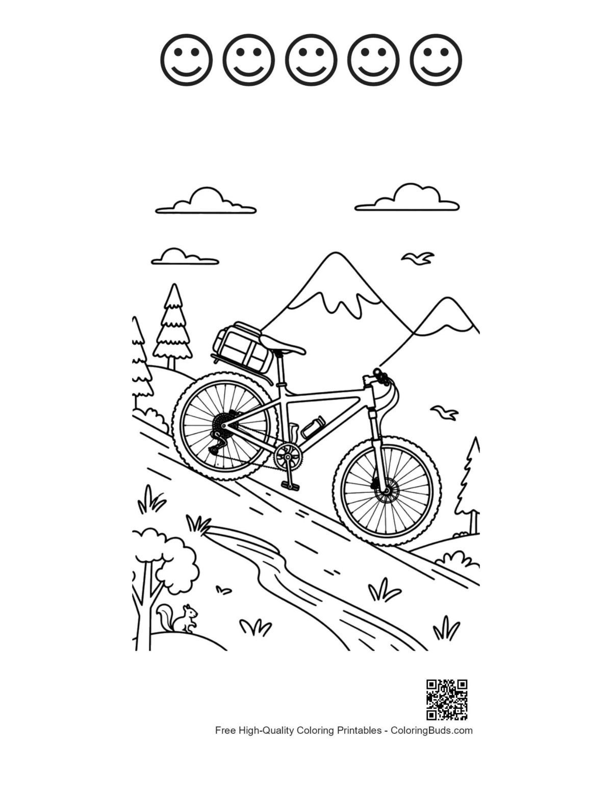 Mountain bike with 5 happy face outlines printable
