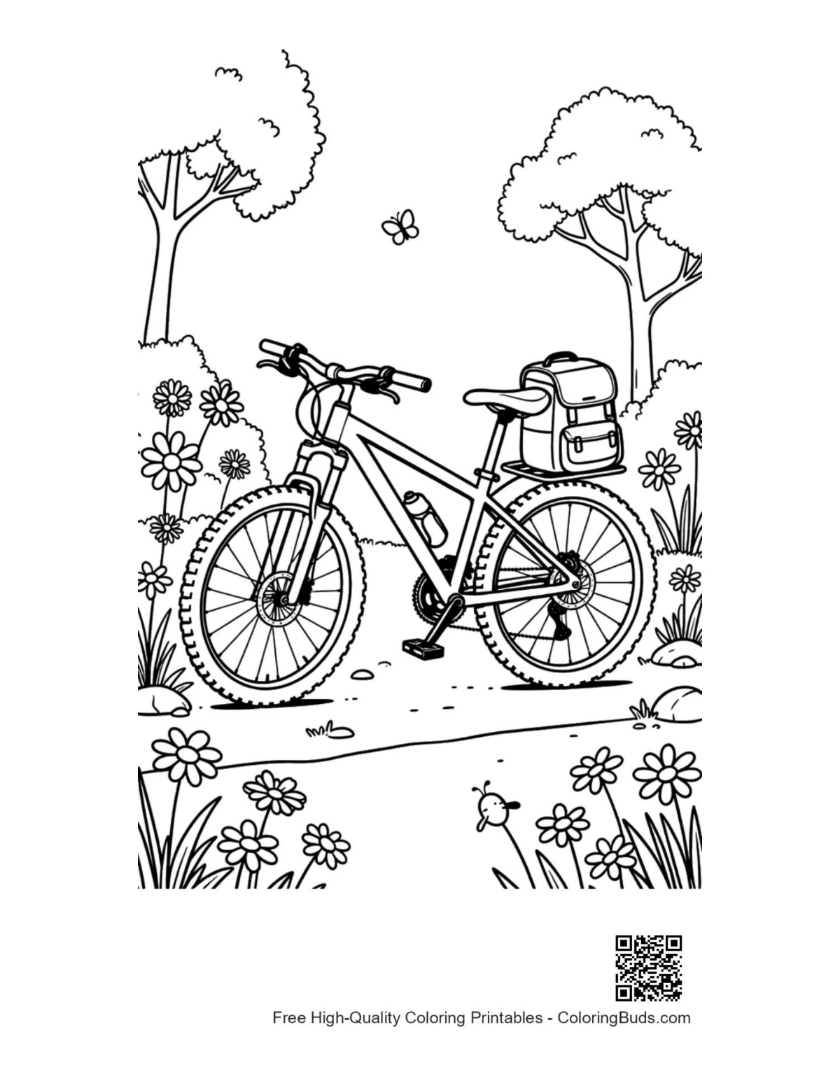 Rugged mountain bike on winding road coloring page