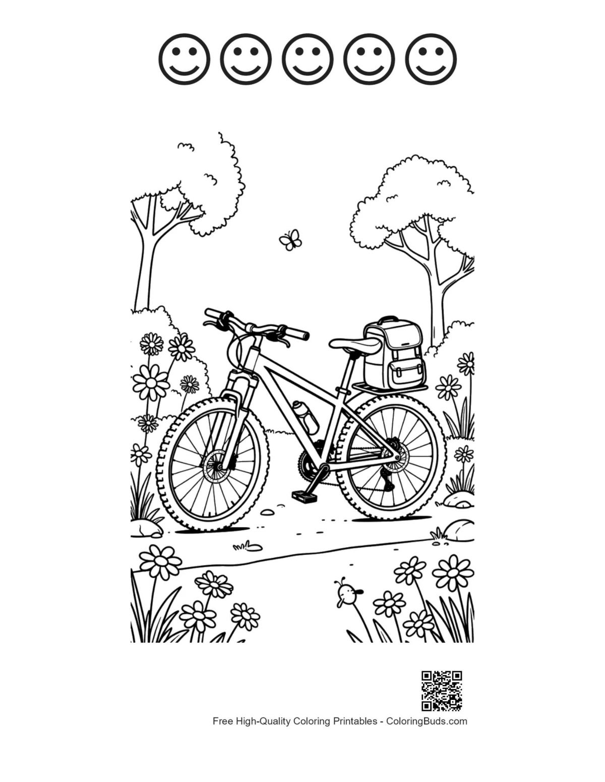 Mountain bike sheet with 5 happy faces outline