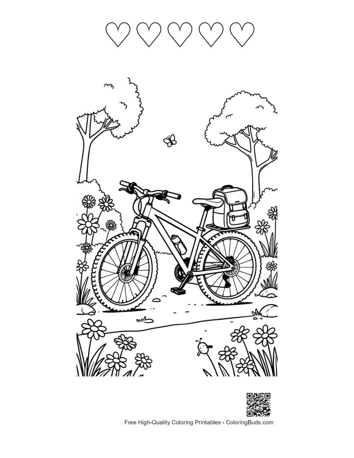 Bike coloring printable with 5 heart outlines