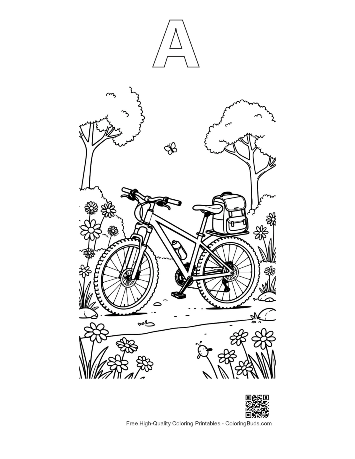 Mountain bike coloring page with alphabet A outline