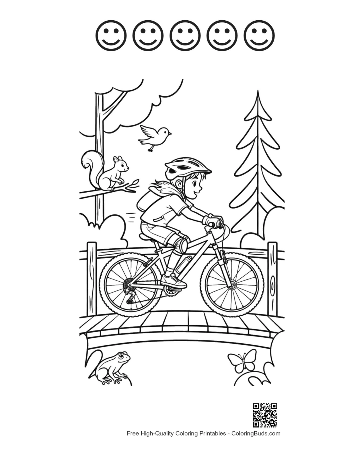 Boy pedaling across bridge with 5 happy faces outline