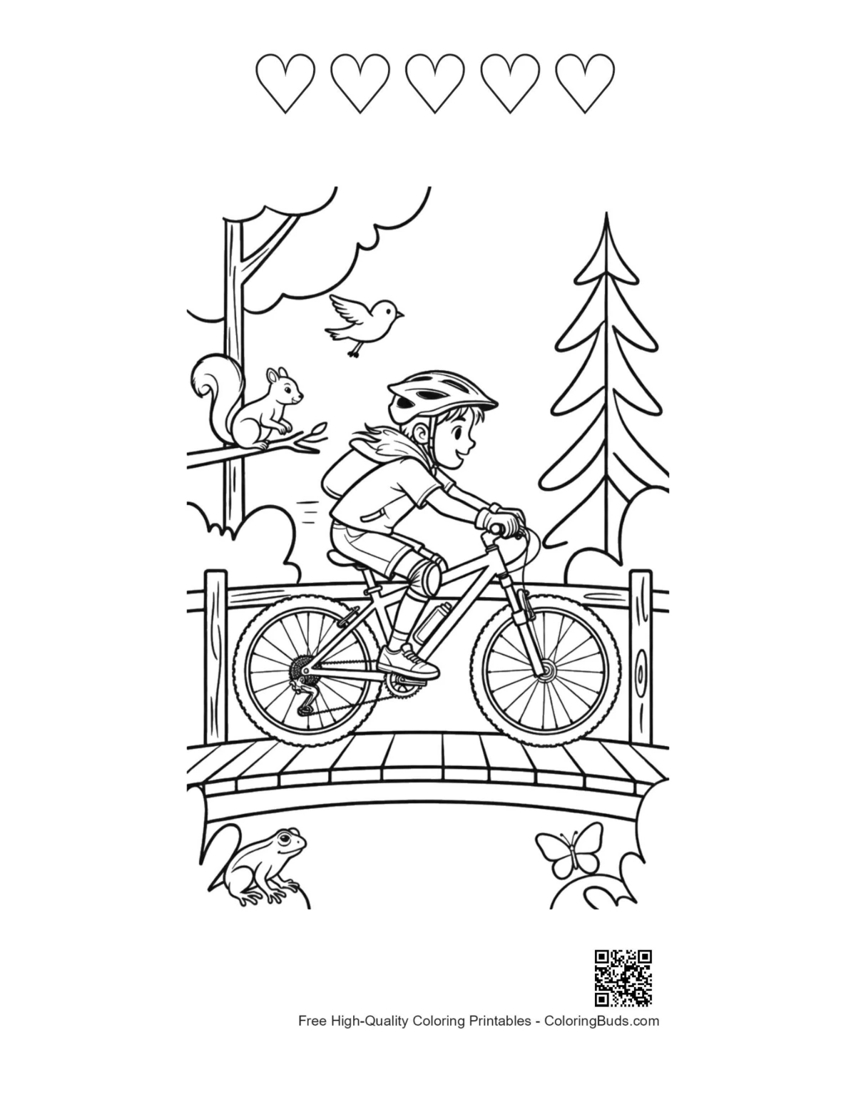 Mountain bike boy bridge with 5 heart outlines printable