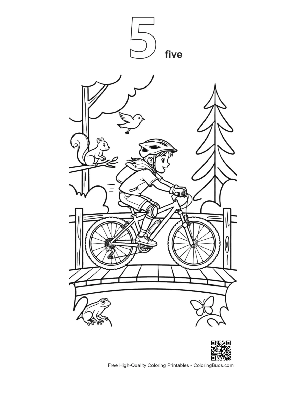 Boy pedaling bike bridge outline numbered 5 printable