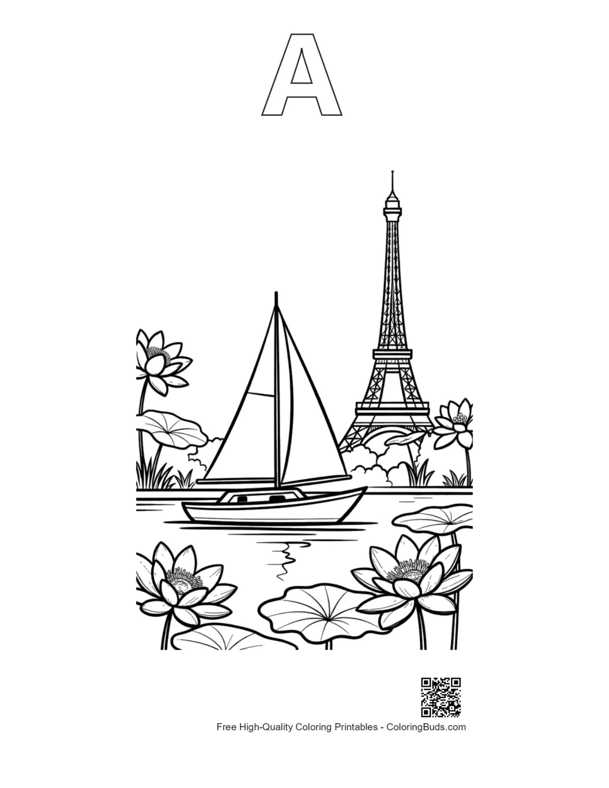 Sailboat Eiffel Tower printable alphabet A outline