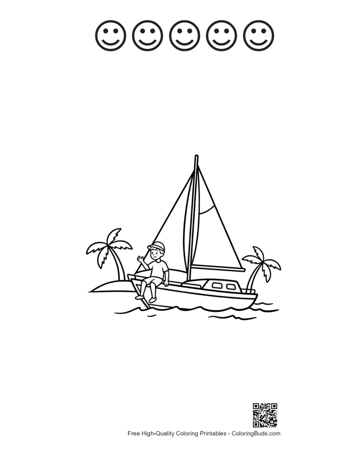เรือใบน้อยน่ารัก 5 เส้นร่างใบหน้ายิ้ม พิมพ์ได้