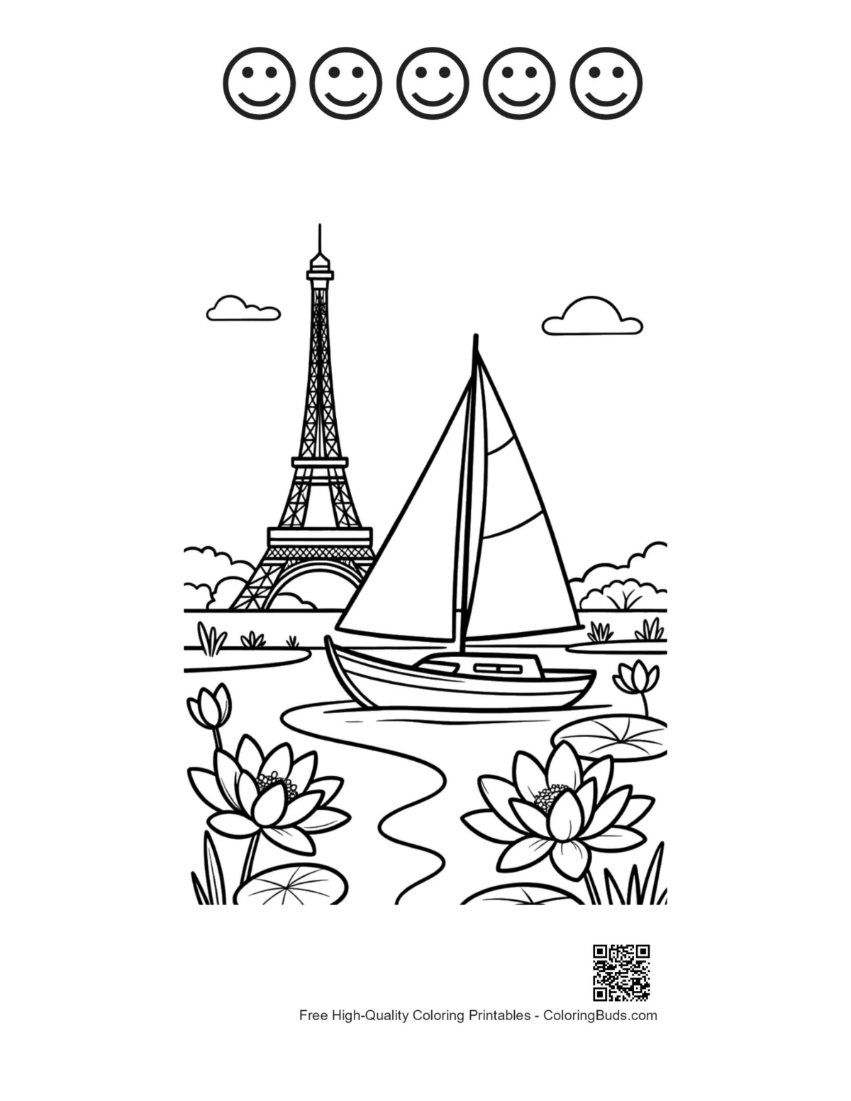 Cute sailboat printable with 5 happy face outlines