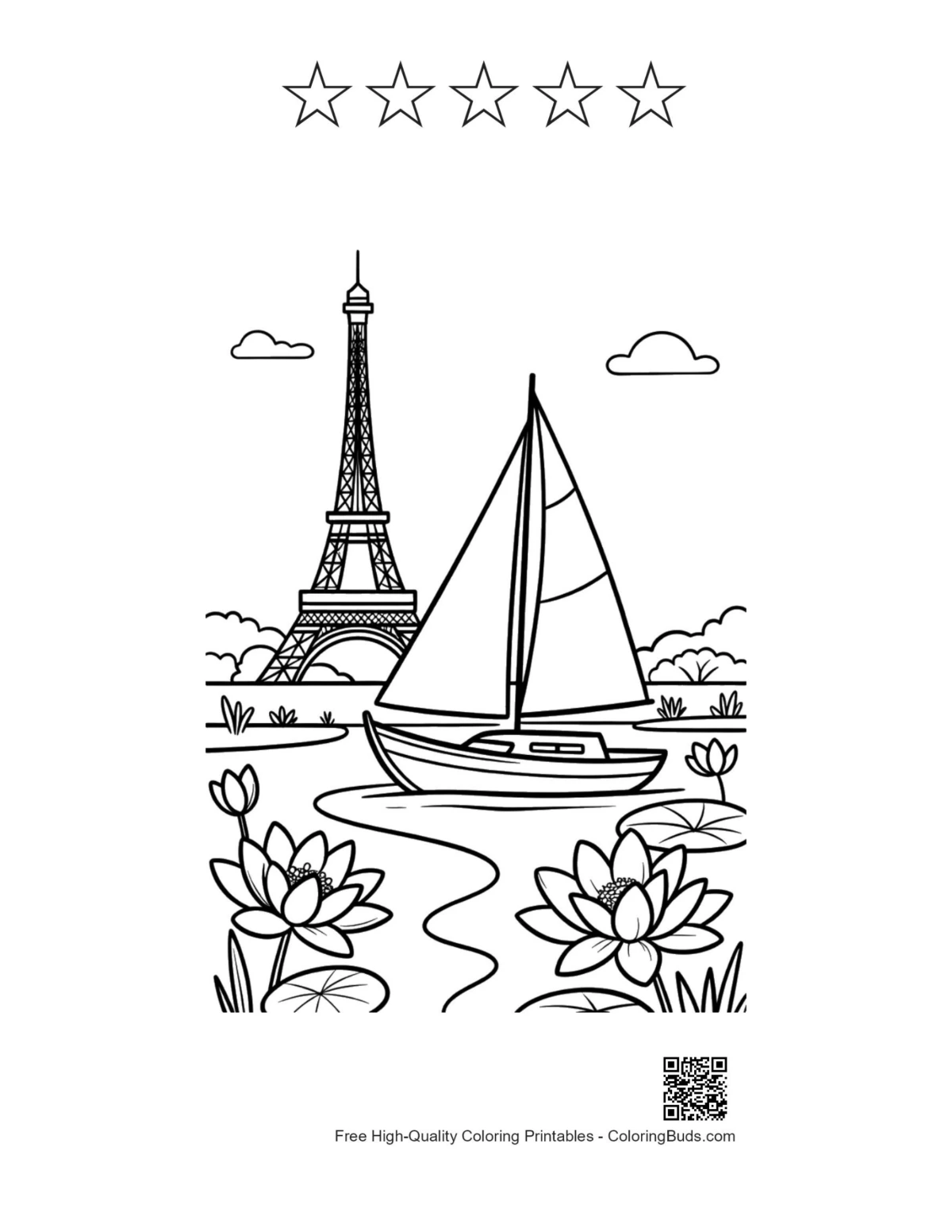 Cute sailboat printable with 5 star outlines for coloring
