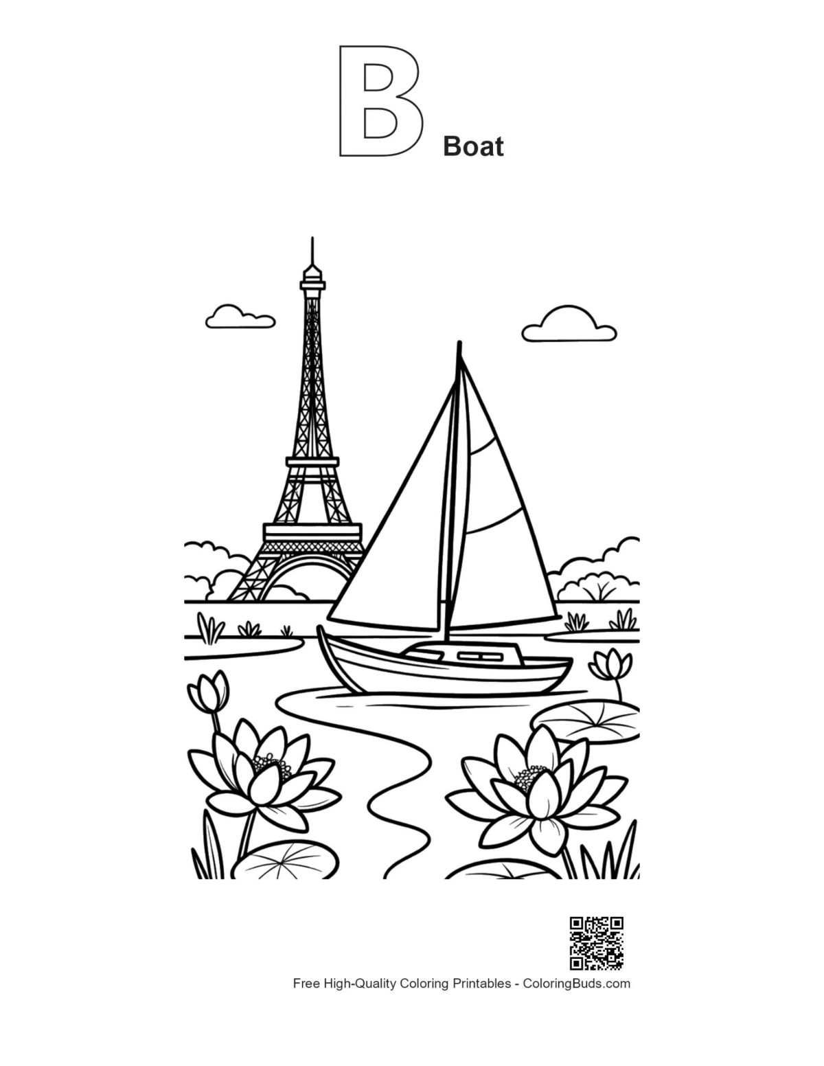 Cute sailboat printable outline in alphabet B boat shape