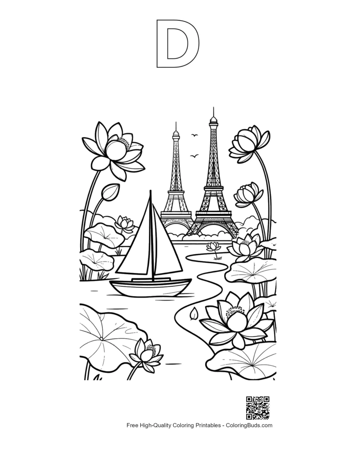 Sailboat coloring page with alphabet D outline