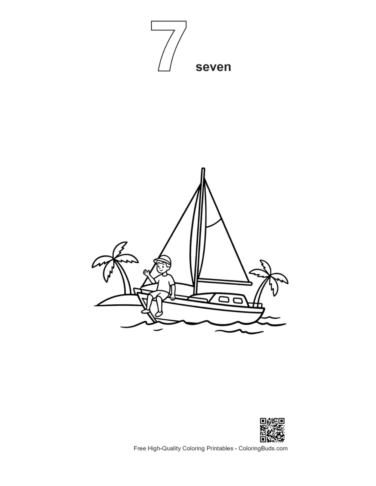 เส้นร่างเรือใบน้อยน่ารักเลข 7 พิมพ์ได้