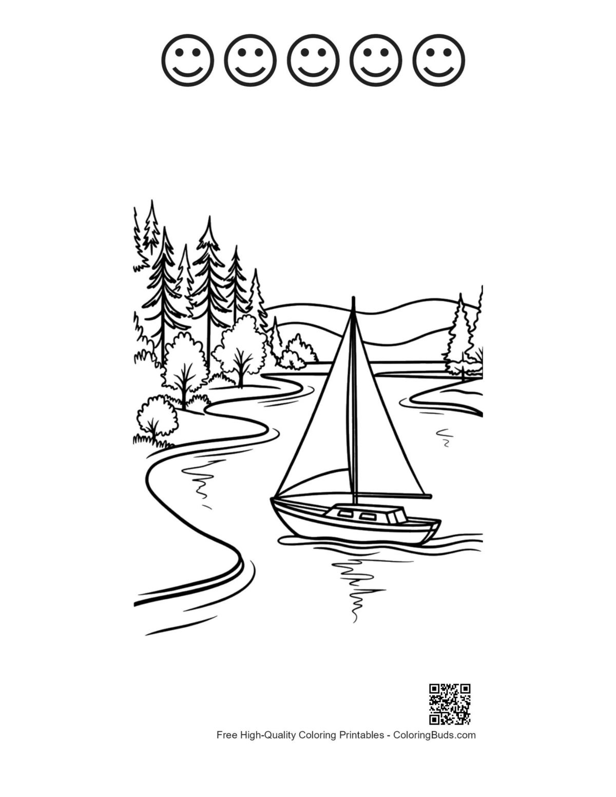 Sailboat sheet with 5 happy faces printable