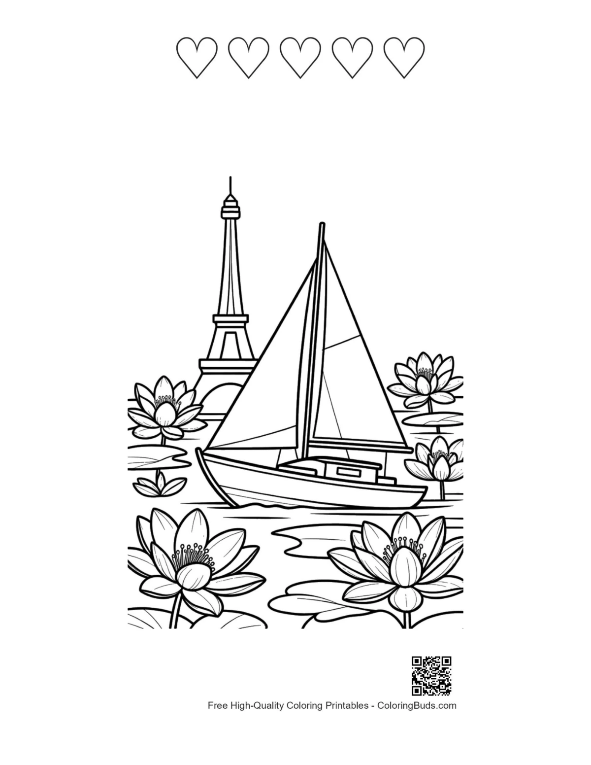 เรือใบพิมพ์ง่ายพร้อมภาพร่างหัวใจ 5 ดวง