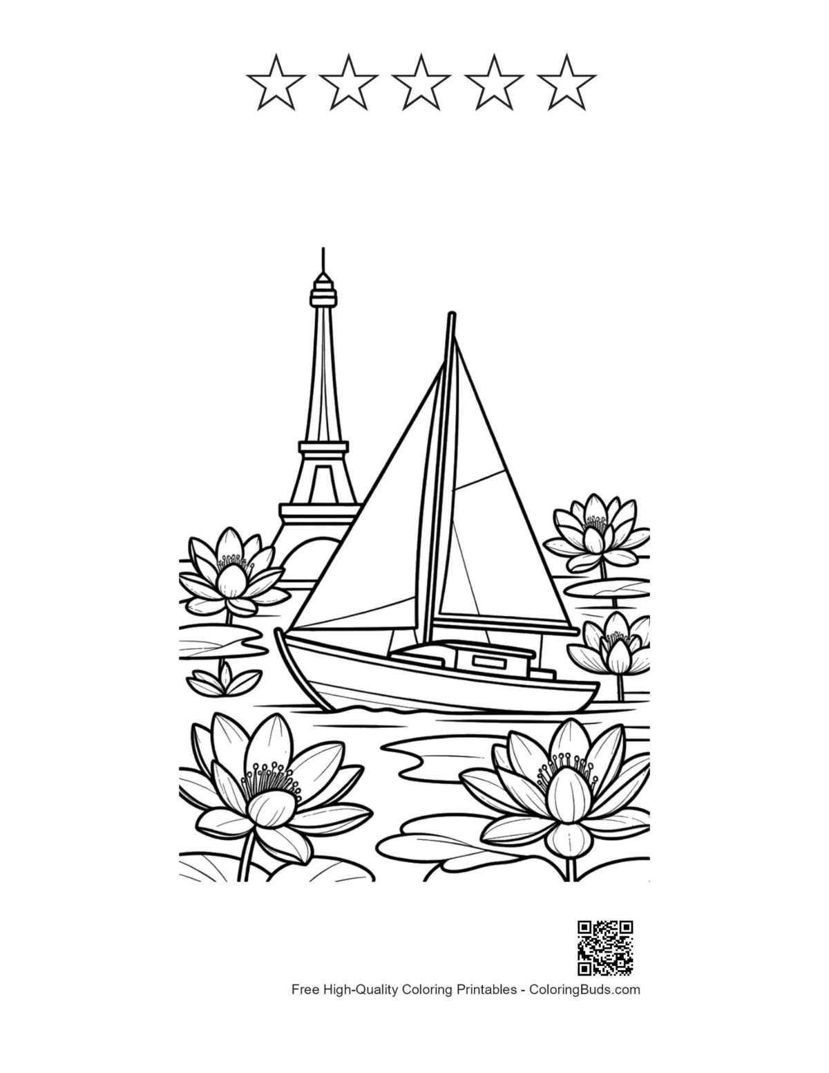 เรือใบพิมพ์ง่ายพร้อมภาพร่างดาว 5 ดวง