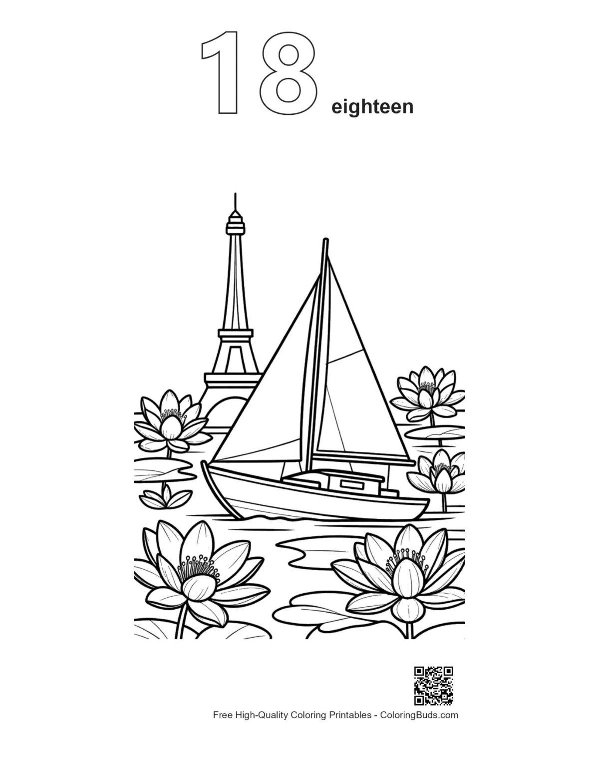 ภาพร่างเรือใบพิมพ์ง่ายหมายเลข 18 สำหรับระบายสี