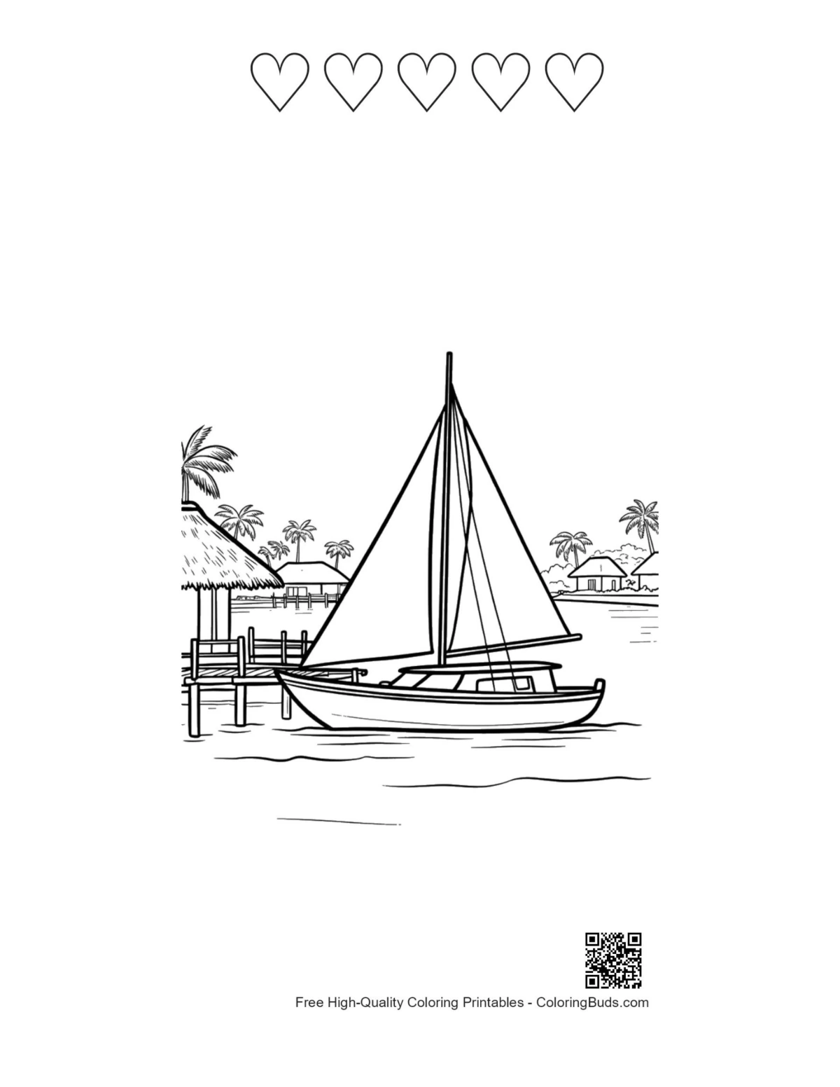 Easy sailboat coloring with 5 heart outlines