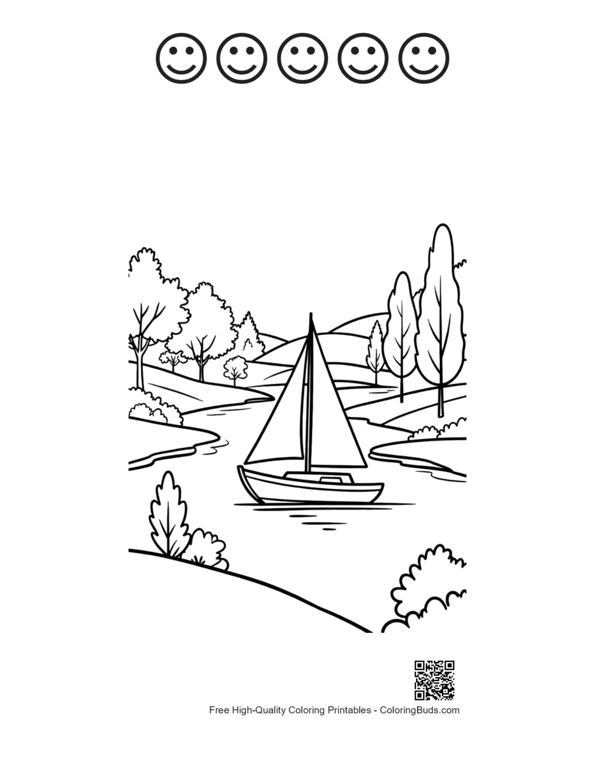 Sailboat with 5 happy faces coloring page printable